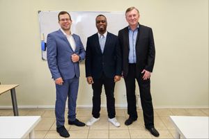 From left to right. Deputy director Mr. Yuri Vasilenko, Mr. Olamide Eniola, Director Mr. Alexander Ulyanenko. The meeting took place on June 11, 2024, in education center